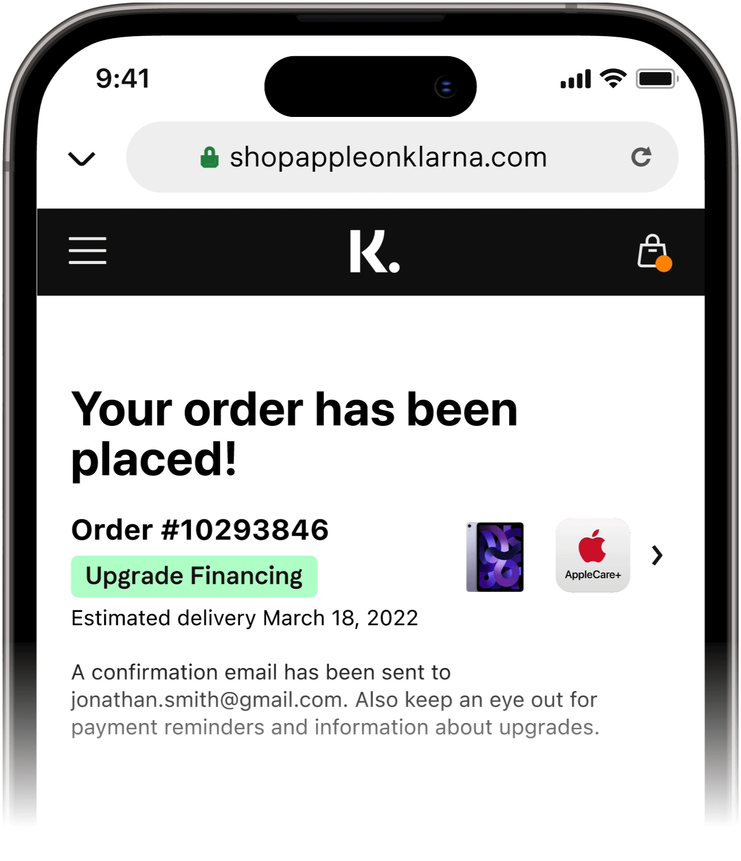 Klarna Apple checkout confirmation